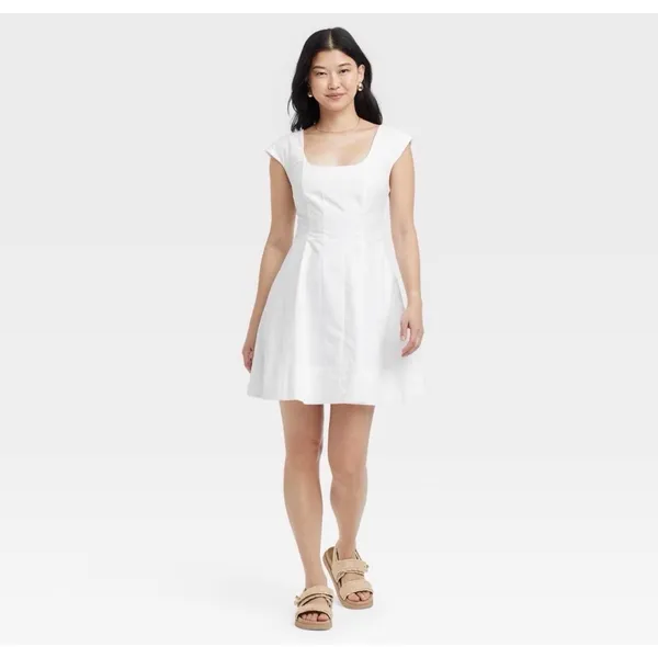 A‎ New Day Women White Cotton Cap Sleeve Square Neck Fit & Flare Mini Dress 12 - Image 3