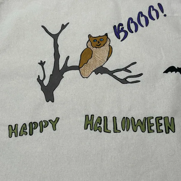 Handmade Hand Painted Halloween Owl Cotton Tote Bag - Image 2