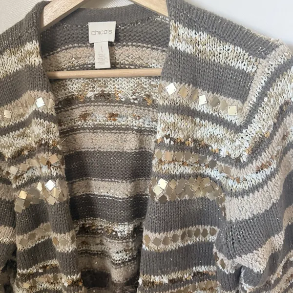 Chico's Cardigan Womens M Greta Sweater Neutral Patterned Sequin Metal Boho - Image 5
