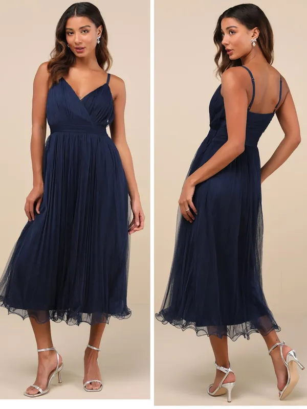 Lulus Exemplary Aura Navy Tulle Surplice Midi Dress Size Large Sleeveless Formal - Image 2