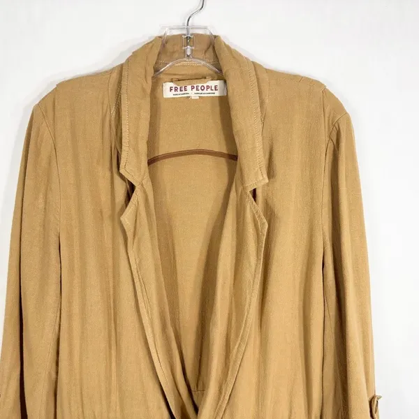 Free People Medium Jacket Charly‎ Blazer Beige Tan Linen Button Cinched 1090 - Image 11