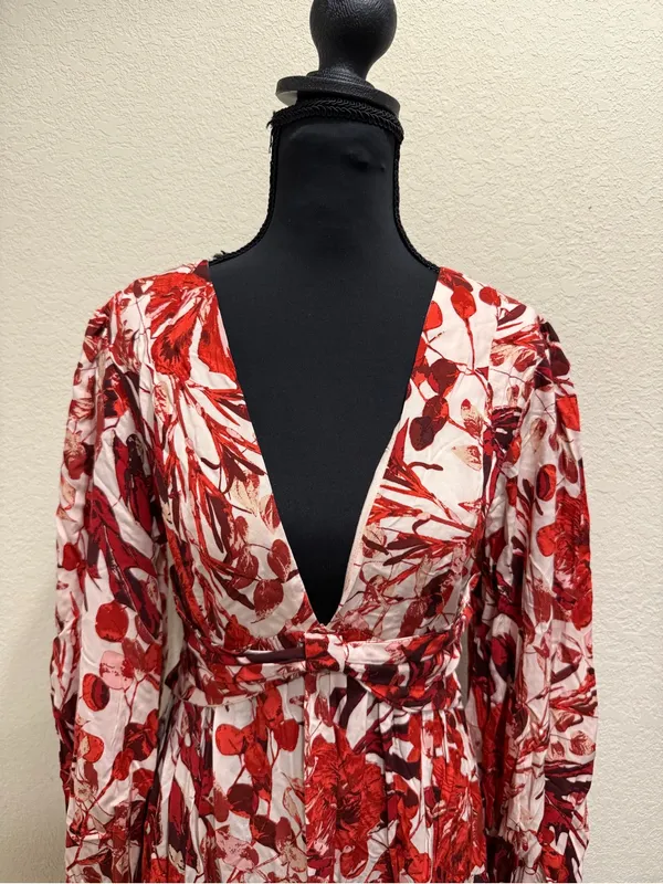 En Creme Floral Mini Dress Boho Cottagecore Open Back Plunge Long Sleeve M - Image 4