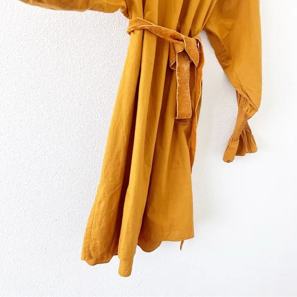 DOEN Miro Golden Hour Mustard Smocked Neck Waist Tie Boho Cottagecore Mini Dress - Image 6