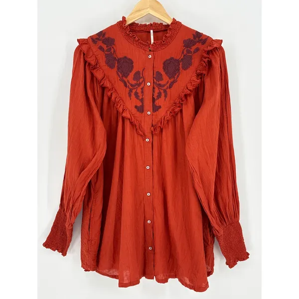 Free‎ People Rose Vines Top Women Small Rust Orange Embroidered Ruffle Smocked - Image 4