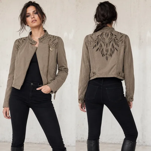 Free People Moto Jacket Women 4 Brown Olive Eyelet Embroidered Linen Cotton - Image 2