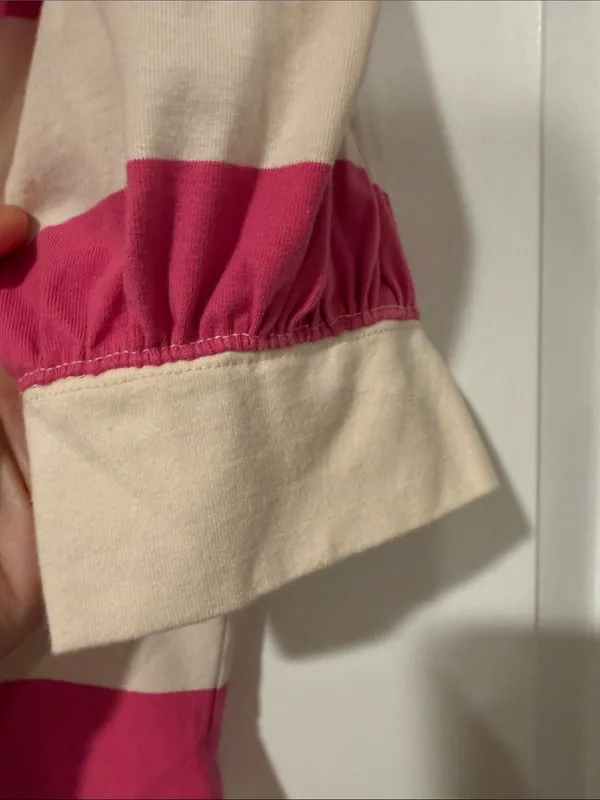 Maeve Pink and Cream Striped Puff-Sleeve Polo with Light Green Collar S - Image 5