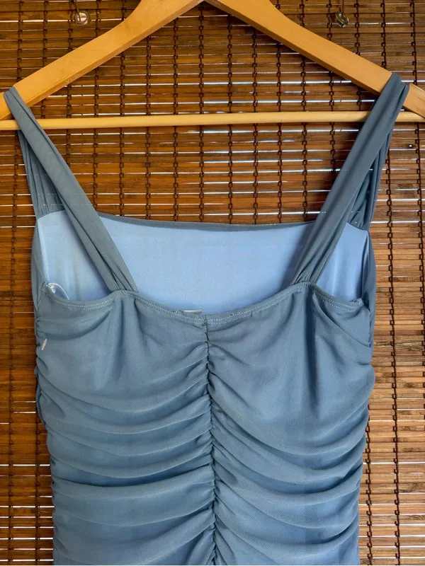 Lulus Amazing Presence Slate Blue Mesh Ruched Maxi Dress NWOT Small $79 - Image 9