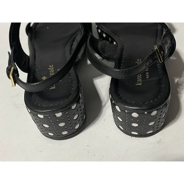 KATE SPADE black leather sandals with white‎ polka dot platforms size 8.5 - Image 4