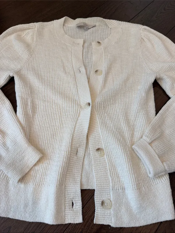 LOFT Cream Button-Front Puff-Sleeve Ribbed Sweater Cardigan Size Small - C54-144 - Image 2