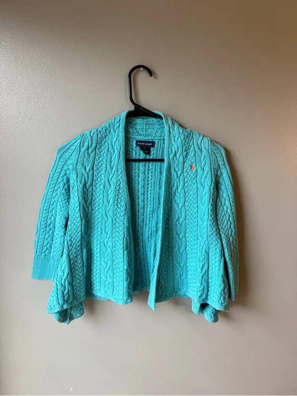 Ralph Lauren Turquoise Cable Knit Open Front Cardigan Size 6 - Image 2