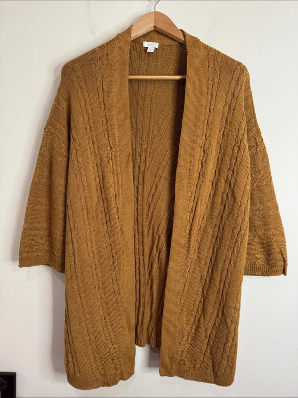 J. Jill Cable-Knit Open-Front Cardigan½ Sleeves Sweater Cotton Blend Mustard L - Image 2