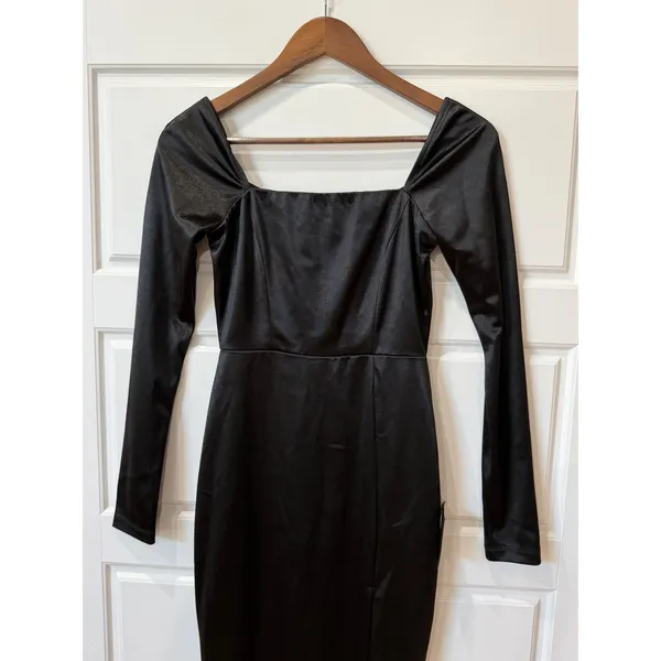 Lulus‎ Fabulous Encounters Black Satin Long Sleeve Midi Dress XS Party Cocktail - Image 3