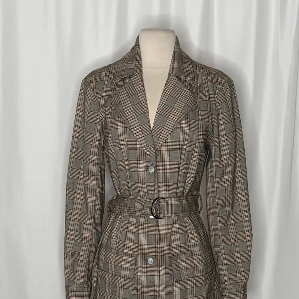 Anthropologie PILCRO Belted Blazer Dress Plaid Glen Check Brown Pockets Medium - Image 3