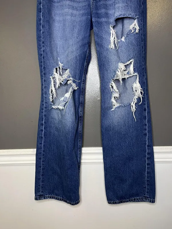 Aeropostale 90s Baggy Straight Jeans Womens 8 Medium Wash Blue Distressed Denim - Image 3