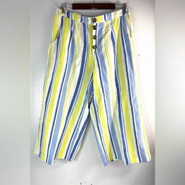 a.n.a L Linen Blend Beachcomber Striped Wide Leg Ankle Pants - Blue and Yellow - Image 9
