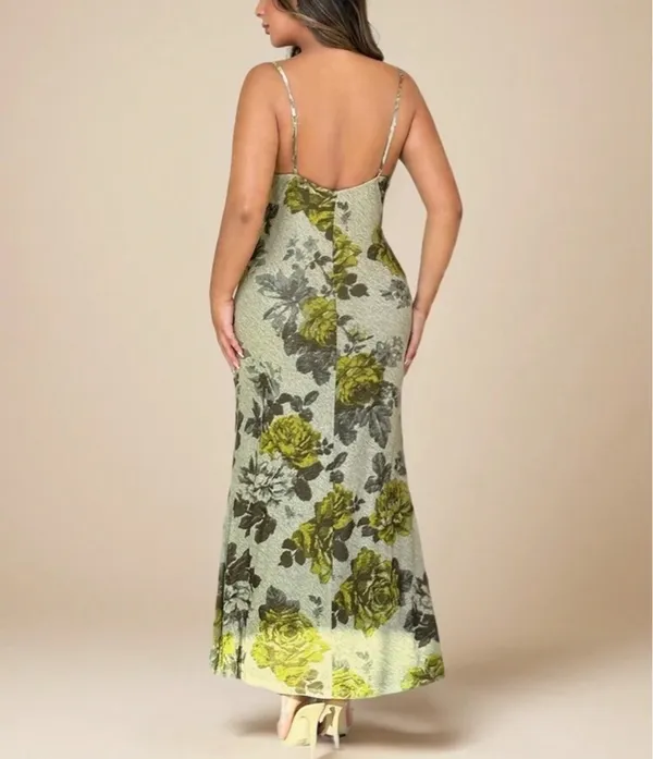 Women's Elegant Floral Print V-Neck Spaghetti Strap Backless Mesh Dress With Big Flower Print - Image 2