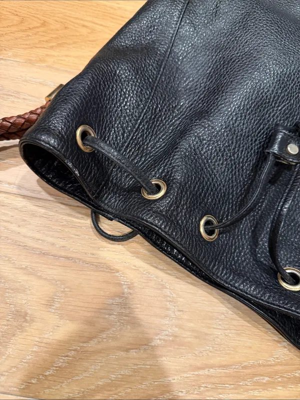 Cole Haan Black Pebbled Leather Shoulder‎ Bag with Braided Brown Handles - Image 7