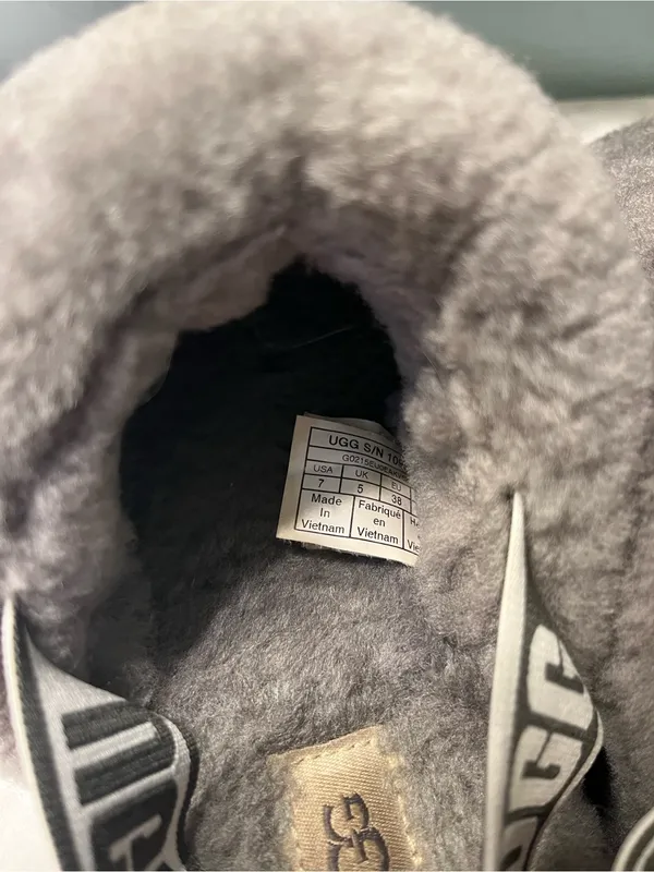 UGG Plush Quilted Gray Fluff Slide with Branded Strap - Image 4