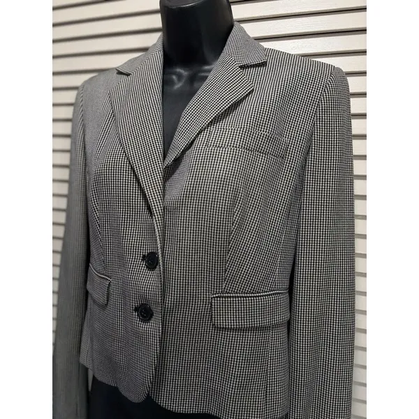 Ann‎ Taylor LOFT Collar V-Neck Black/White Tiny Houndstooth Button Blazer Sz 2 - Image 2