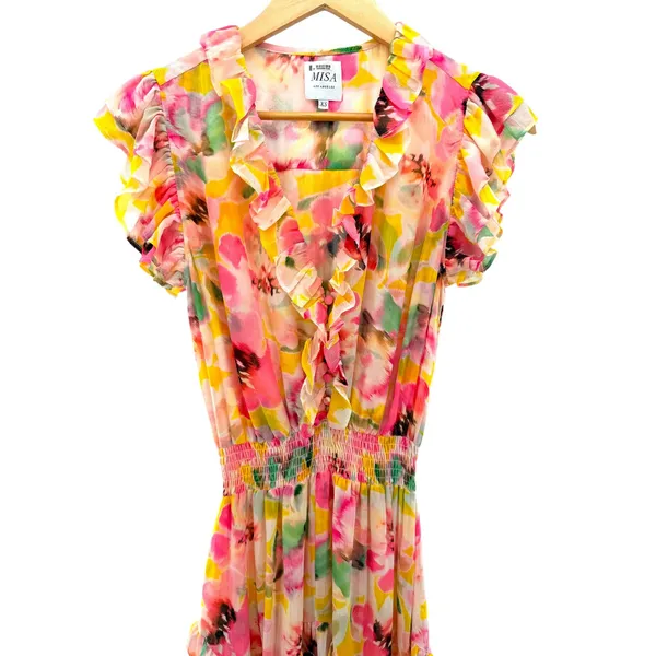 MISA Los Angeles Dakota Dress Hello‎ Yellow Flora Ruffle Chiffon Midi Dress XS - Image 2
