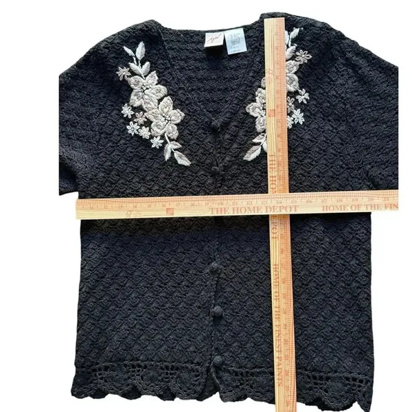 Vintage AGW Division of Graff Black Open Knit Cardigan XL Floral Embroidered - Image 4