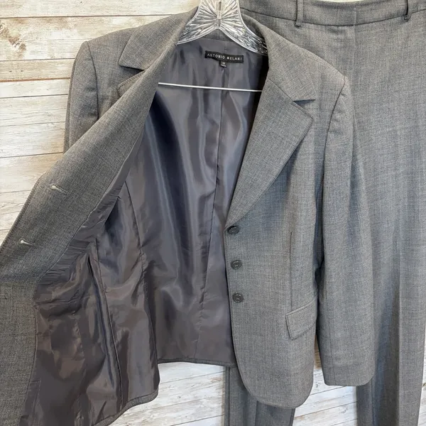 Antonio Melani Womens Pant Suit 2 Piece Gray 3 Button Raw Hem Trouser Topstitch - Image 2