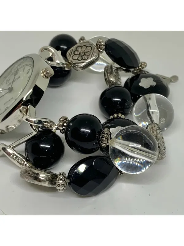 Geneva women’s beaded bracelet watch silver tone 33mm mop dial Quartz running - Image 4
