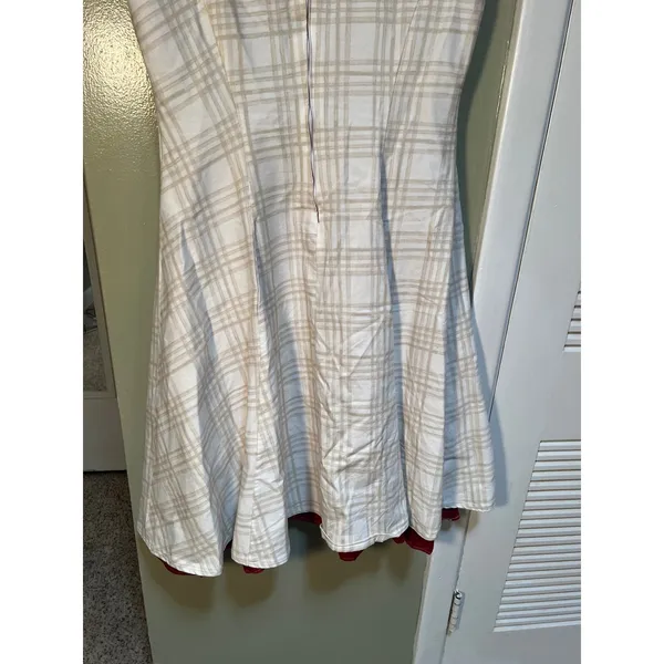 Women's Midi A-Line Dress White Beige Plaid Red Lined Split Neck Cap Sleeve Zip - Image 9