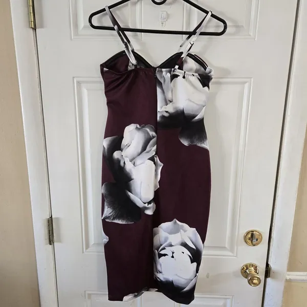Venus Bodycon Dress Small Burgundy Floral Bustier Midi Stretch Party Cocktail - Image 2
