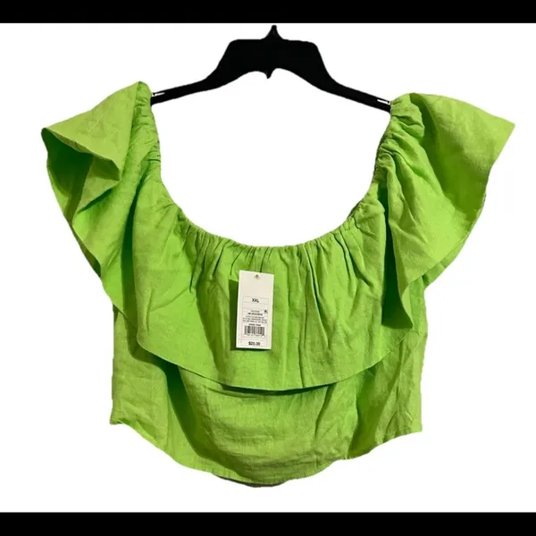 Women’s XXL "A New Day" Ruffled Crop Top, Off the Shoulder, Lime Green XXL - Image 2