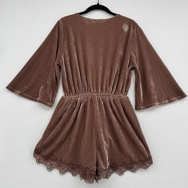 Velvet Romper Lace Trim Boho Festival Bell Sleeve Mauve Brown Festival Trendy S - Image 2