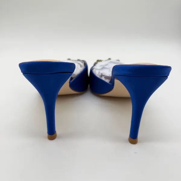 Coutgo Womens Royal Blue Satin Rhinestone Buckle Pointed Toe Mules Stiletto Sz 8 - Image 7