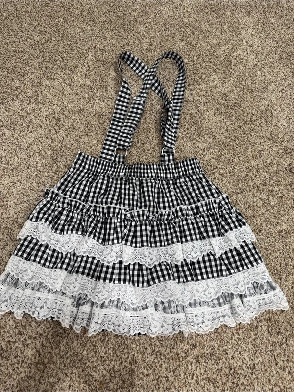 Hot Topic Thorn & Fable Black & White Gingham Lace Tiered Skirtall - Image 5