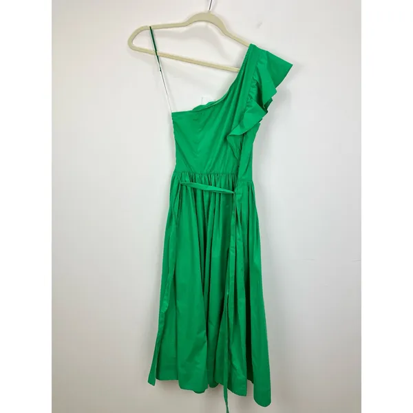 J.Crew One Shoulder Midi Dress A Line Ruffle Pockets Kelly Green US 00 NWT - Image 6