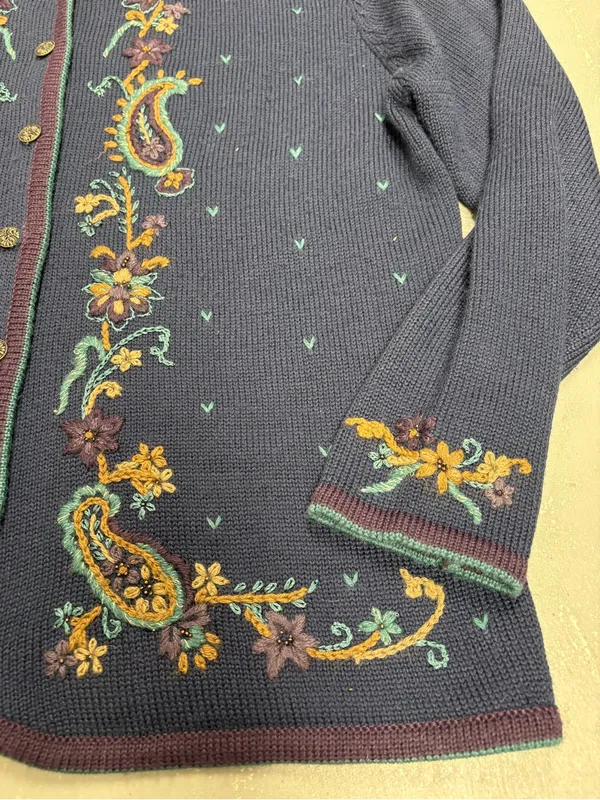 Koret Vintage Floral Paisley Embroidered Knit Cardigan Sweater Womens Medium - Image 4