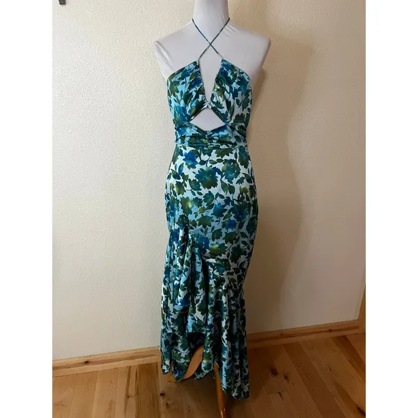 AMUR Blue Green White Edie High Low Tie Neck Floral Gown WOMENS 8 - Image 2