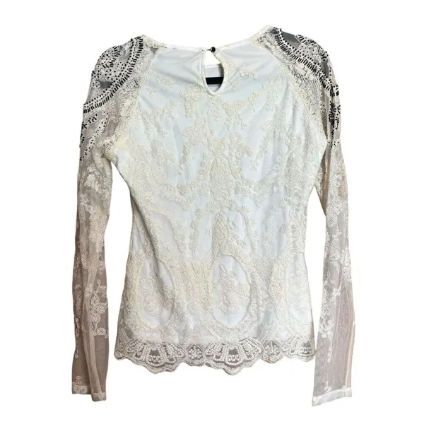 BKE Buckle Top Womens Small Ivory Lace Boho Artsy Stretch Embroidered Blouse - Image 6