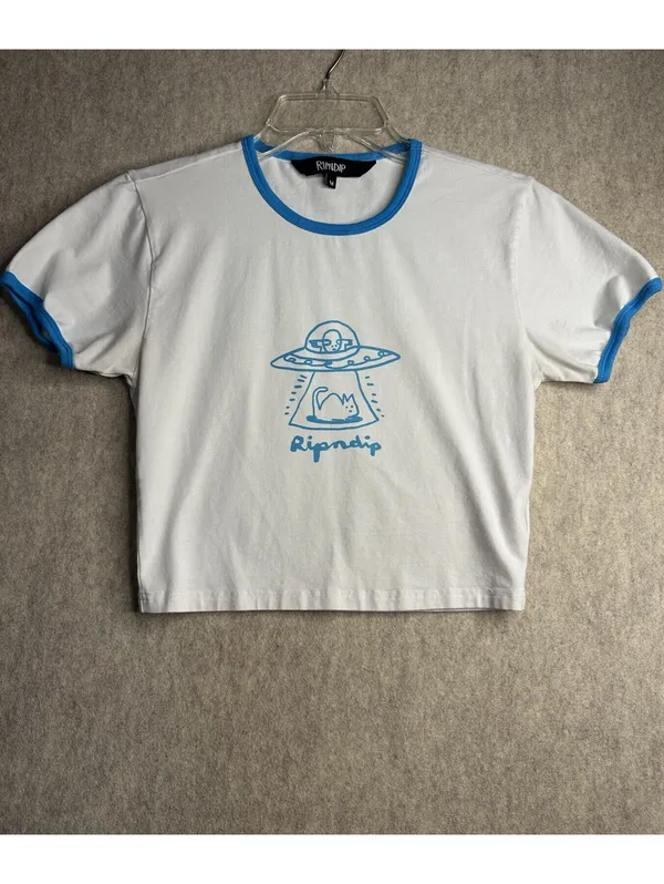 RIPNDIP Blonded Cropped Ringer Tee Women’s Med White Blue Alien Cat Logo - Image 2