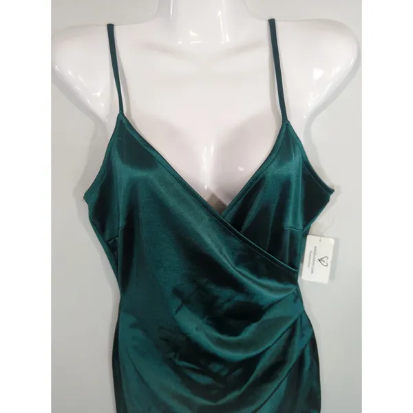 Windsor Hunter Green Satin Bodycon Faux Wrap Mini Dress Medium NWT Party Holiday - Image 3