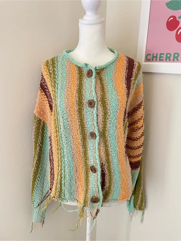 Free People Baja Cardi Sweater Cardigan Fringe Striped Button Front Size XS - Image 5