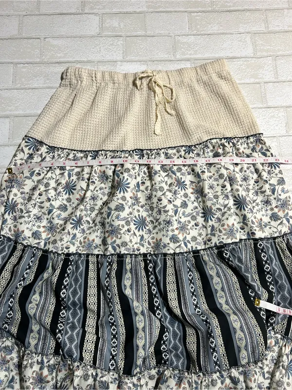 POL Mermaidcore Boho Tiered Maxi Skirt in Cream and Blue Prints Size Large - Image 9