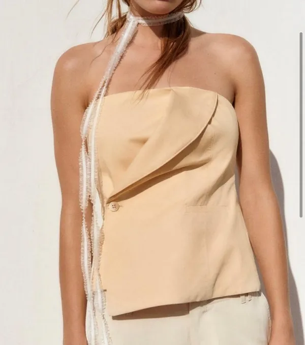 Zara NWOT gabardine light, yellow, zipper, back strapless button front tube top - Image 2