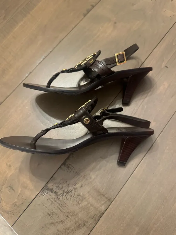 Tory Burch Size 6 Holly 2 Sandal Kitten Heel Brown Leather - Image 5