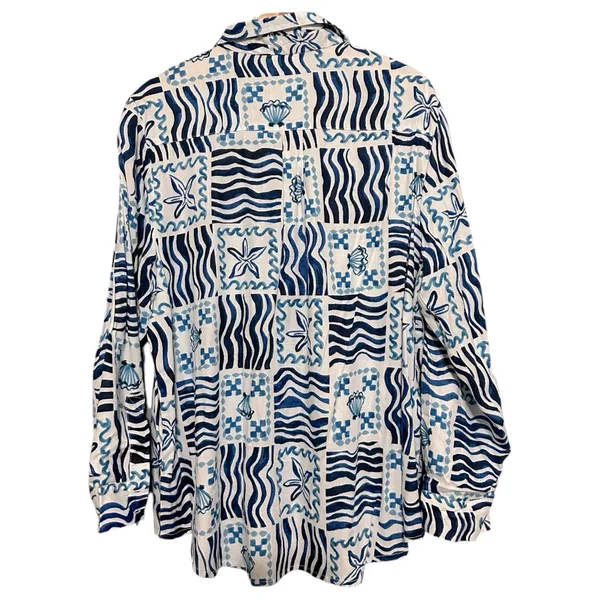 True Destinations L Blue White Nautical Hawaiian Long Sleeve Button Down Shirt - Image 3