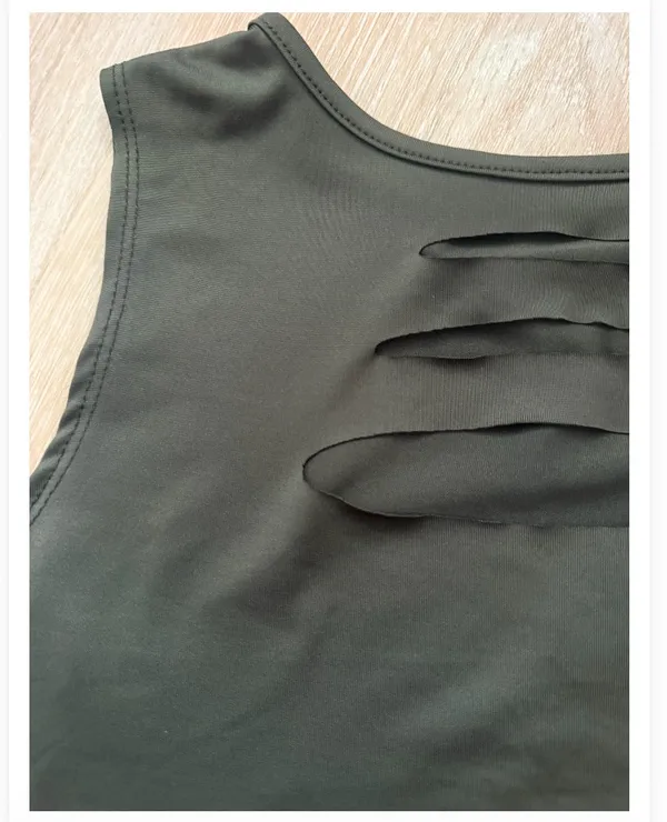 Olive Green Distressed Cutout Sleeveless Crop Top Size M - Image 2