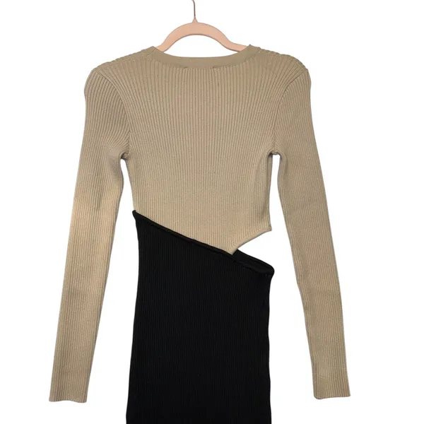 Lulus Beige Black Colorblock Ribbed‎ Cutout Long Sleeve Midi Dress Small NWT - Image 7