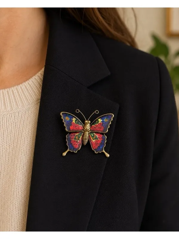 Vintage Gold Tone Butterfly Brooch Pin Colorful Foil Resin Wings 1.25” - Image 5