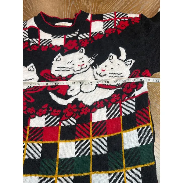 Vintage Dana Scott Christmas Cat Plaid Knit Sweater Holiday Black Red Size Small - Image 6