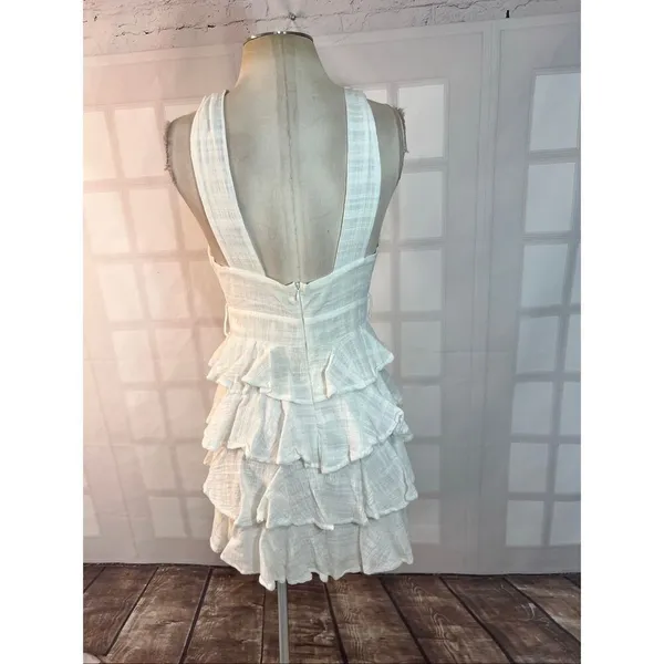 Saints & Secrets White Plunging Neck Ruffle Tiered Sleeveless Mini Dress Medium - Image 6