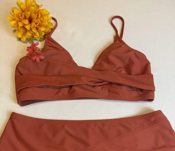 Cupshe Rust Solid Twist Top Spliced High Waist Bikini Set 2 Piece Swimwear Large - Image 9